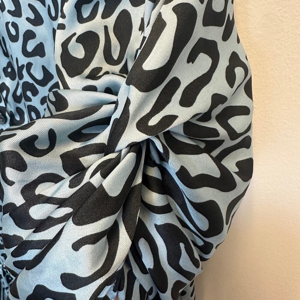 Rebecca Minkoff Aston‎ Puff-Sleeve Tiered Blouson Mini Dress Blue Leopard Large - Picture 6 of 11